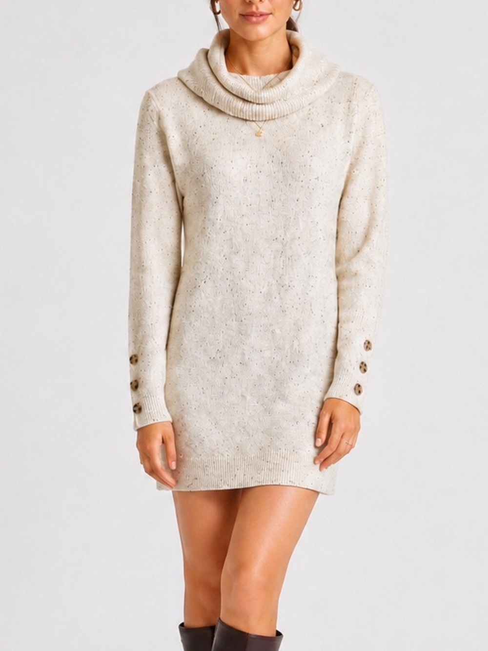 LOFT Mini Sweater Dress Oatmeal Donegal Knit Cowl Neck Tunic Medium